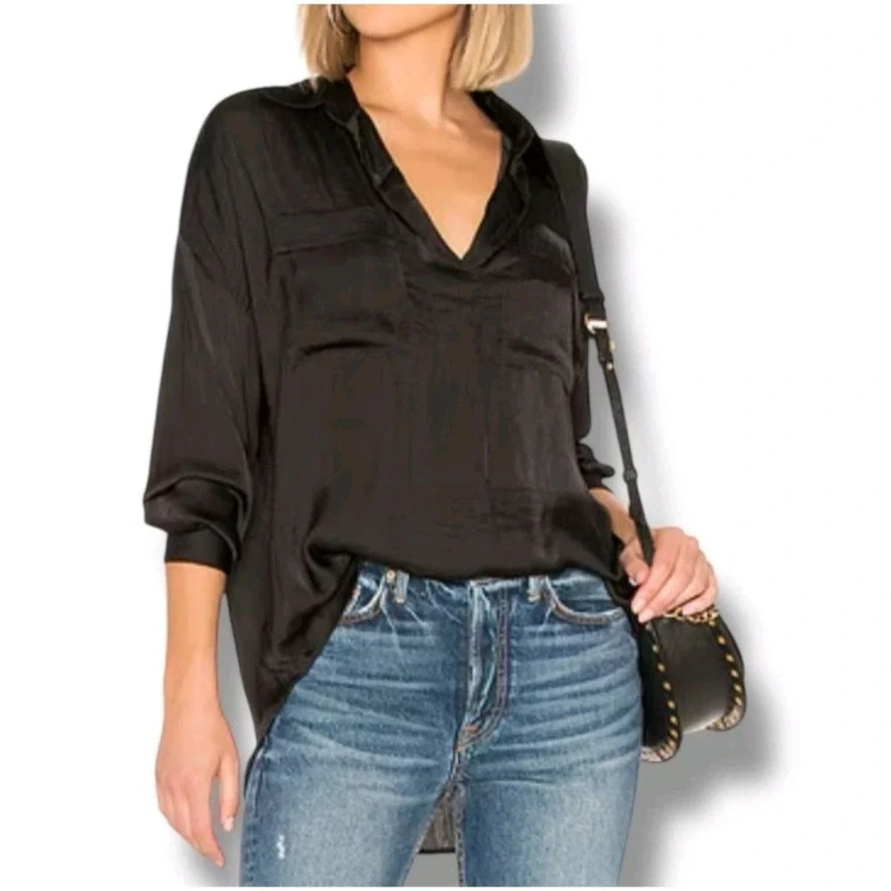 Free People Starry Dreams Top‎ Womens Size XS Oversized Pullover Blouse Black